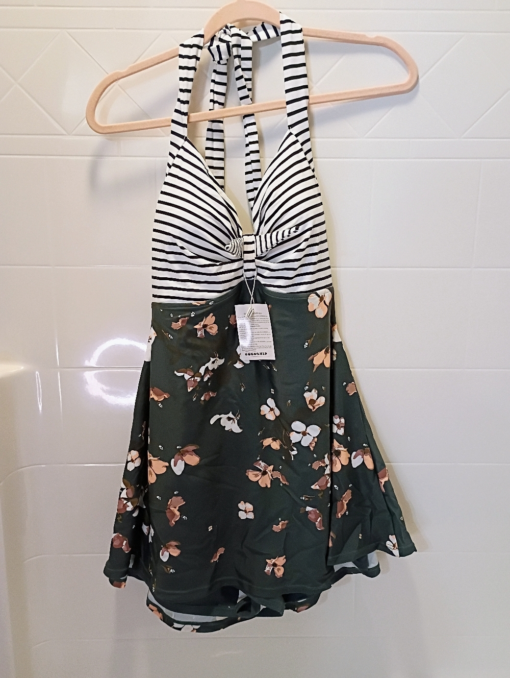 COCOSHIP Black Swimdress with Built In Shorts Bloom Stripe 14